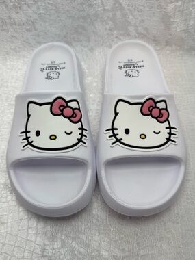 Hello Kitty White Slide Sandals with Pink Bow Accents, Girls Youth size 4-5
